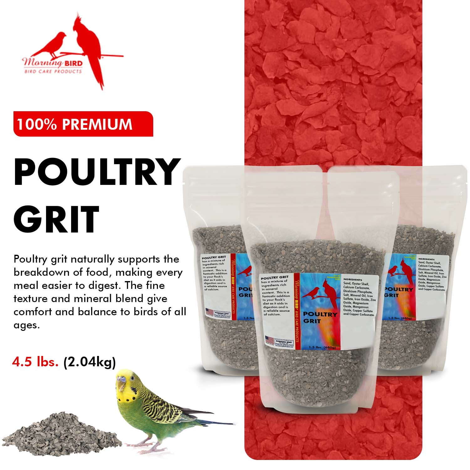 Morning Bird Poultry Grit, Mineral-Rich Feed for Digestion & Calcium Support, 4.5 lb (3 Pack, 1.5 lb Each)