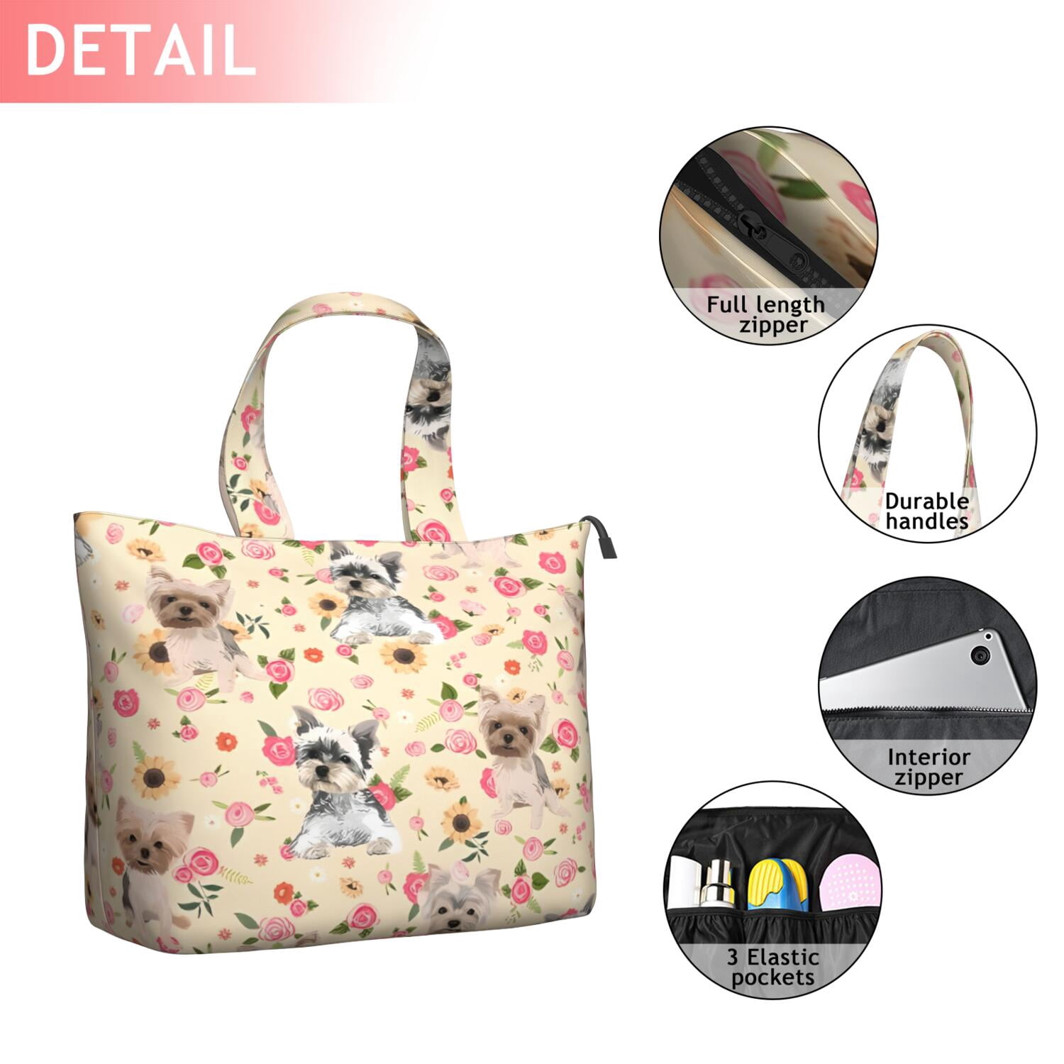 Yorkie Dog and Flower Florals Travel Tote Bags for Women Carry On,Large Weekender Bags for Women Travel,Multi Functional Duffle Bag for Work,Shopping,Sports