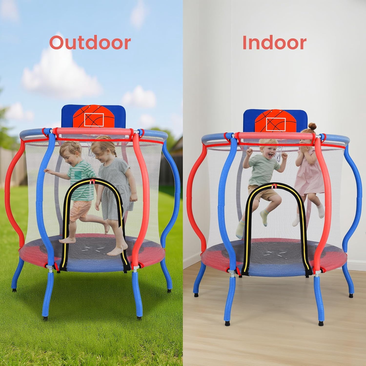 OLAKIDS 48" Trampoline for Kids, Outdoor Indoor Toddler Trampoline with Safety Enclosure Net Basketball Hoop Anti-Slip Foot Pads Zippered Door, Baby Recreational Trampolines Gift for Backyard