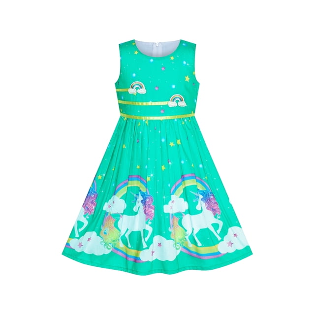 Robe Fille Turquoise Unicorn Rainbow Robe d'Été 9-10 Ans