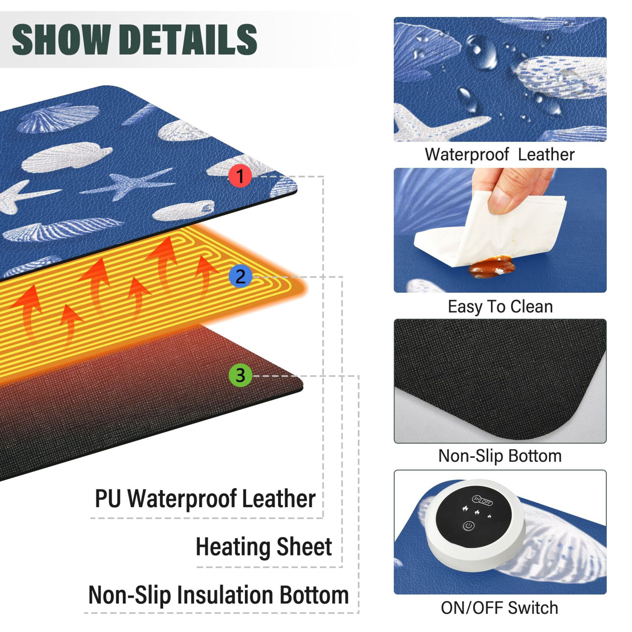 Large Heated Desk Mat Mouse Pad 31.5"x13"PU Leather Graphene Heating Desk Warmer with 3 Temperature Settings 110V US Plug Non-Slip Warm Pad for Home, Office, and Gaming Fresh Coastal Seashell Pattern