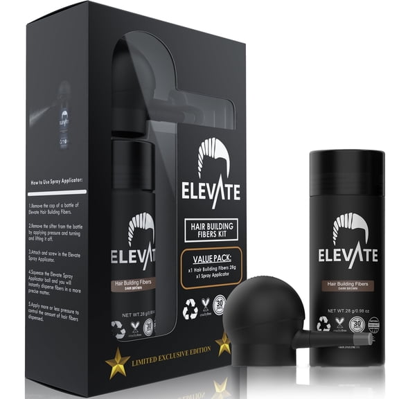 Elevate Dark Brown Hair Building Fibers, 28g, with Spray Applicator