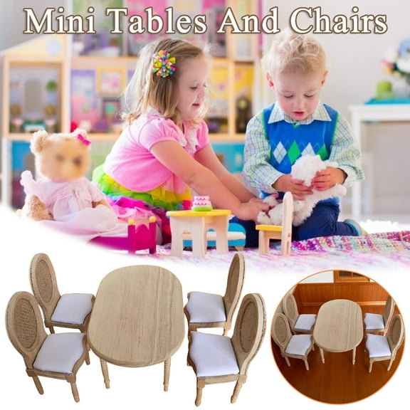 1:12 Scale Wooden Doll House Dining Table & 4 Chairs Set | Kitchen Room Decoration for Dolls | Miniature Furniture Model