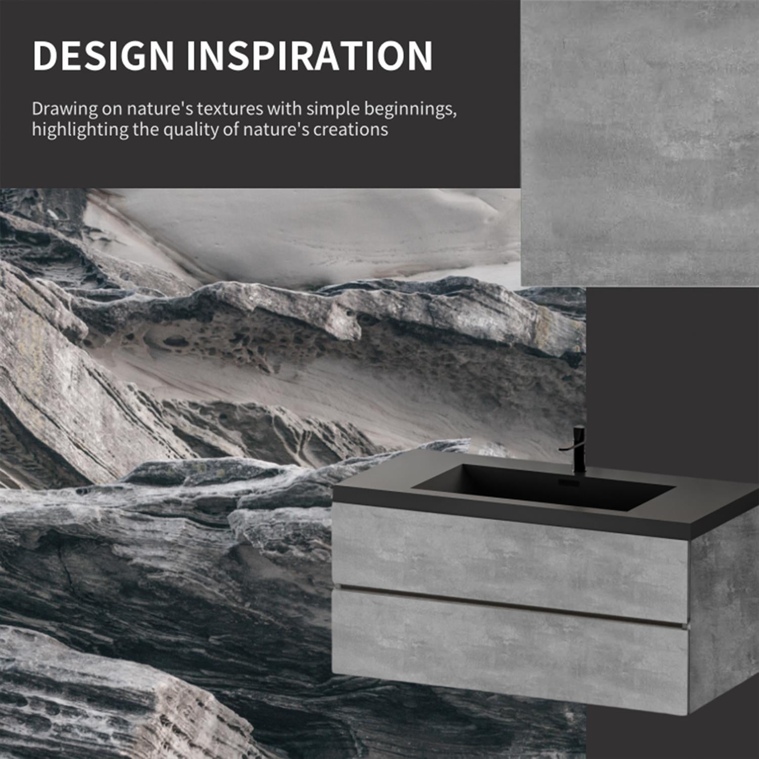 Demi Bonn 47" Floating Bathroom Vanity with Sink, Black Quartz Sand Top Basin and 2 Soft Close Drawers, Faucets and Drains Not Included, Gray