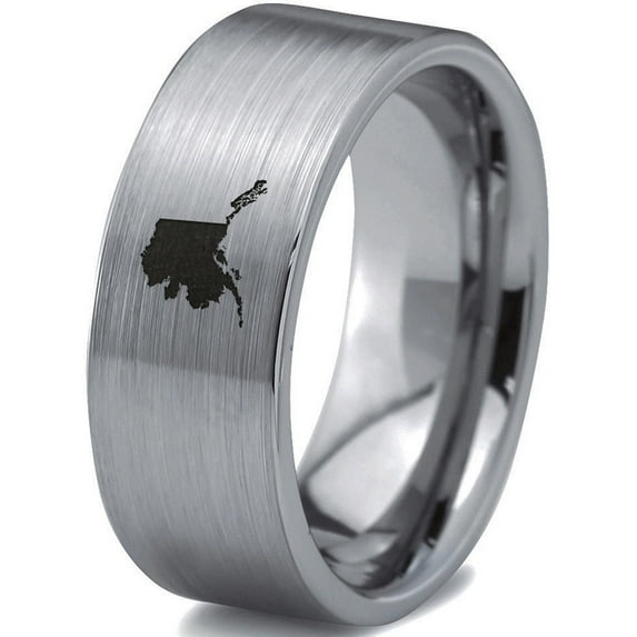 Tungsten Alaska The Last Frontier State Band Ring 8mm Men Women Comfort Fit Gray Flat Cut Brushed Polished