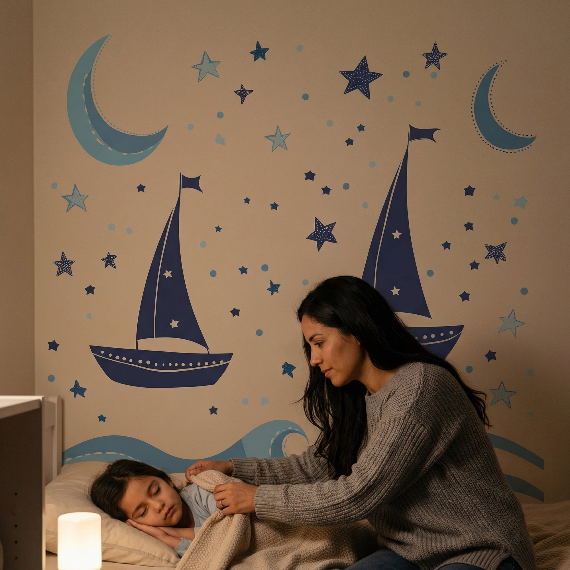 Unique Bargains Nursery Wall Stickers with Waves and Sailboats Peel Blue 23.2" x 15.7"