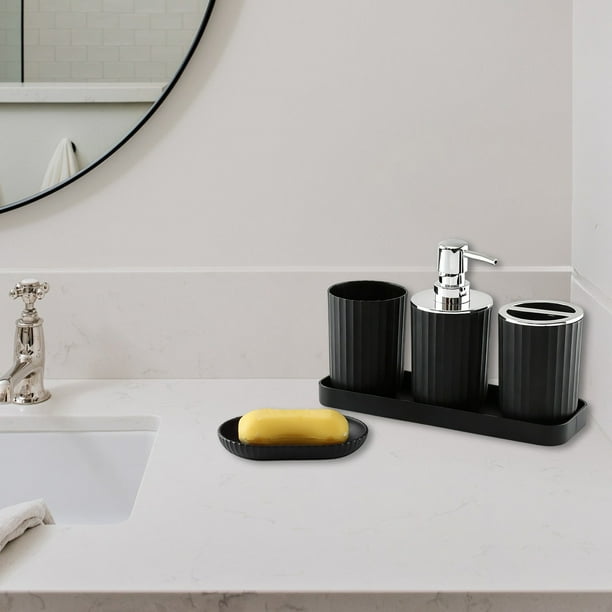 Set de accesorios de baño de 5 piezas | Soporte para cepillo de dientes, dispensador de jabón, vaso, bandeja organizadora de baño | Plástico moderno | Negro, Blanco, Gris | Decoración del tocador