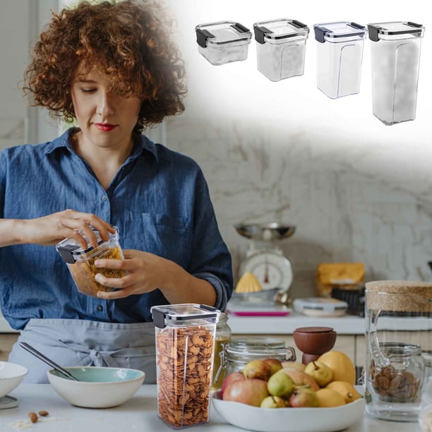 Conjunto hermético de contenedores para almacenamiento de alimentos de 4 - organizadores de plástico transparente para cocina y despensa para harina, azúcar, arroz, cereales y aperitivos