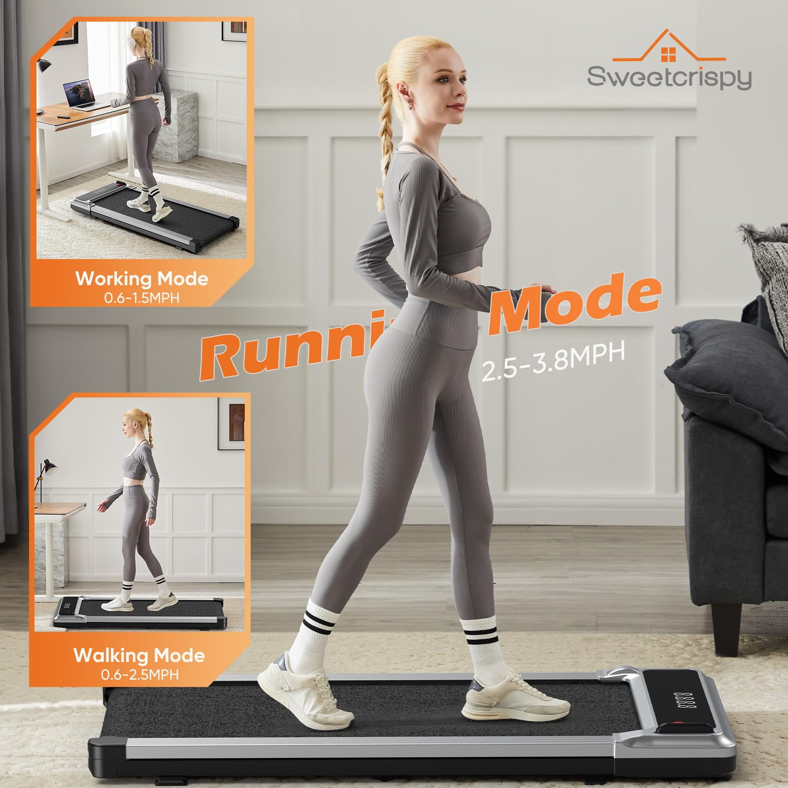 CONCETTA Compact Walking Treadmill for Small Spaces, Quiet Under-Desk Walking Pad with Remote, Slim Portable Design for Home Office Workouts, LED Display, Easy to Store,Silvery