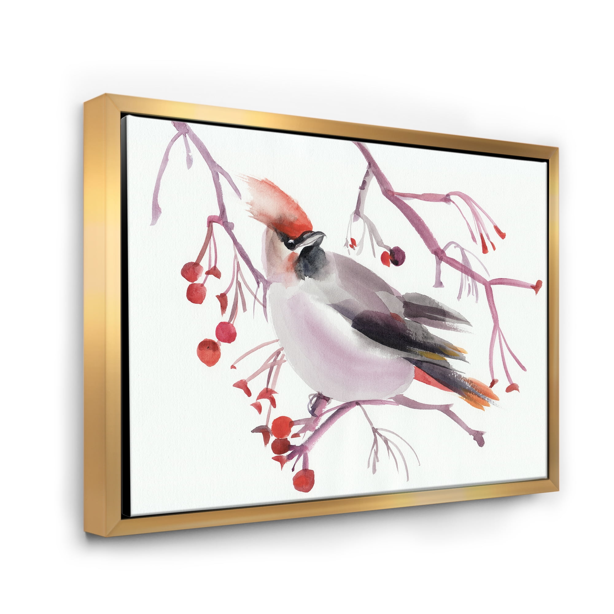 Waxwing Bird Sitting On A Branch 32 in x 16 in Framed Painting Canvas Art Print, by Designart