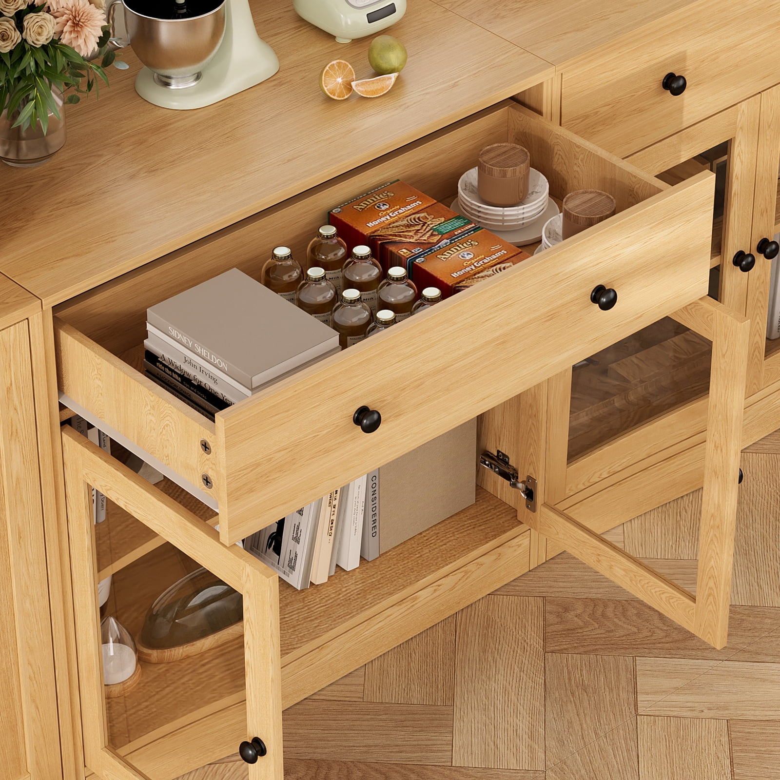 RichYa 4Pcs Kitchen Pantry Storage Cabinet,Modular Furniture Cabinets with Drawers,Hutch Buffet Cabinet with Display Glass Doors for Dining Room,Wood