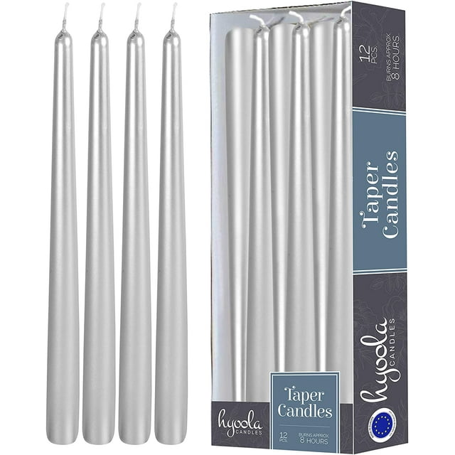 Hyoola 12 Pack Tall Metallic Taper Candles - 10 Inch Silver Metallic, Dripless, Unscented Dinner Candle - Paraffin Wax with Cotton Wicks