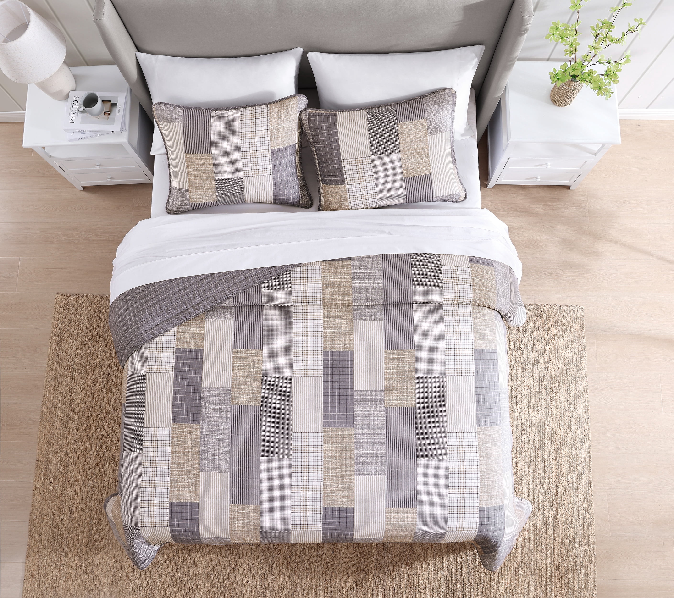 Home Retreat Lakeshore Plaid Grey Soft Cotton 3 Piece Quilt Set - Full/Queen