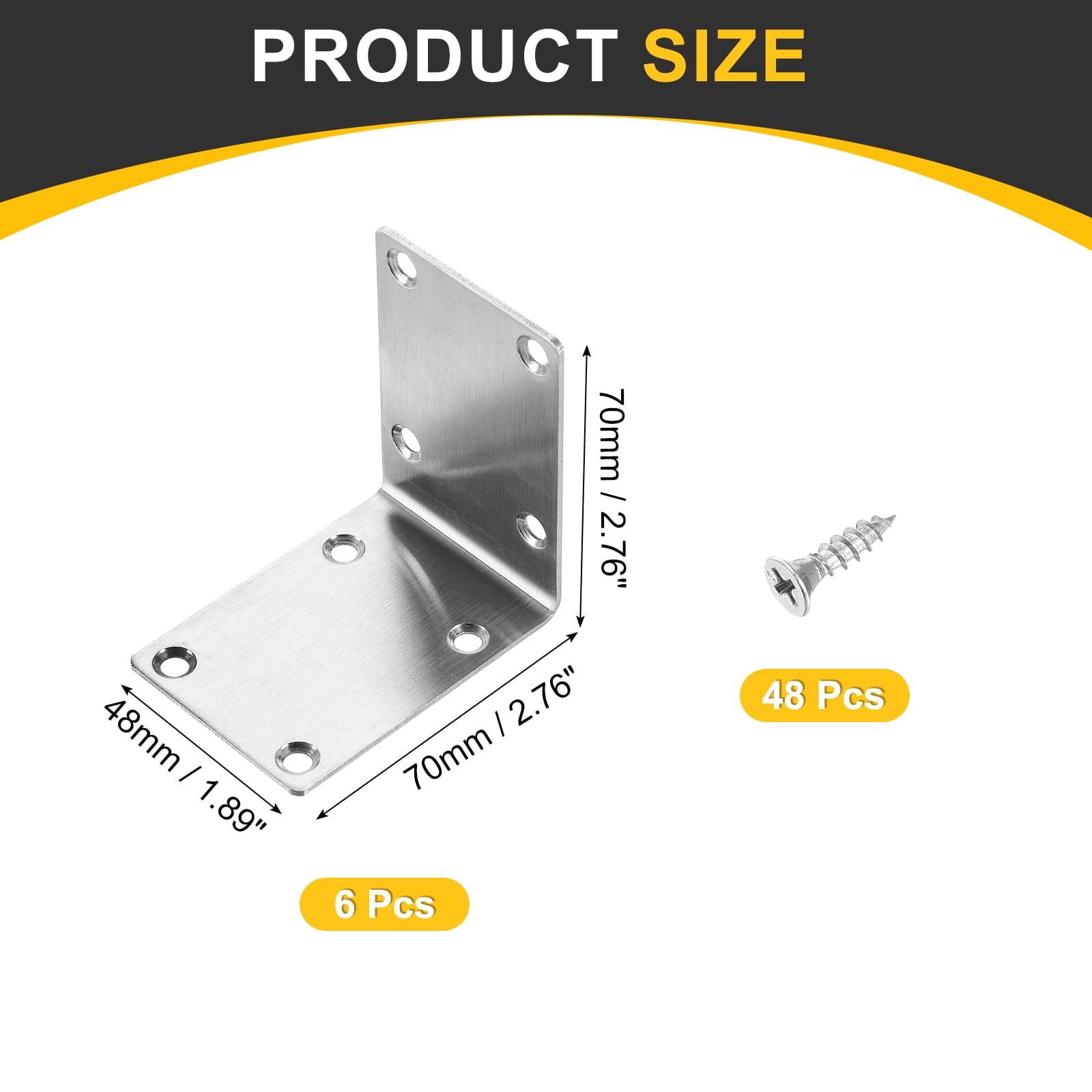 6Pcs L-Shaped Brackets Corner Brace, 2.76"x2.76"x1.89" Corner Bracket Shelf Bracket Right Angle Brackets for Wood Shelves Furniture (70x70x48mm, Silver)