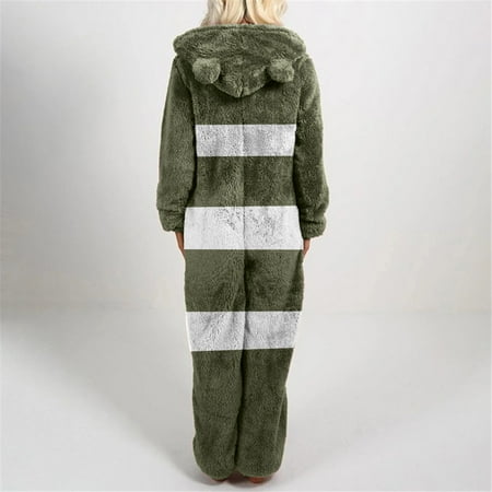 

Women s Artificial Wool Long Sleeve Pajamas Casual Solid Color Zipper Loose Hooded Jumpsuit Pajamas Casual Winter Warm Rompe Cute Ears Sleepwear
