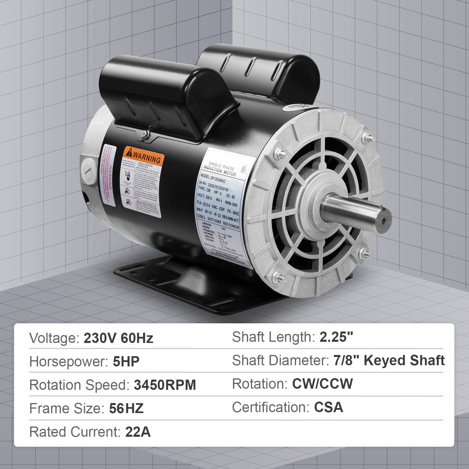 SKYSHALO 5HP Air Compressor Electric Motor, 230V 22 Amps, 56HZ Frame 3450RPM, 7/8" Keyed Shaft, CW/CCW Rotation, 2.25" Shaft Length for Air Compressors Has Obtained CSA Certification