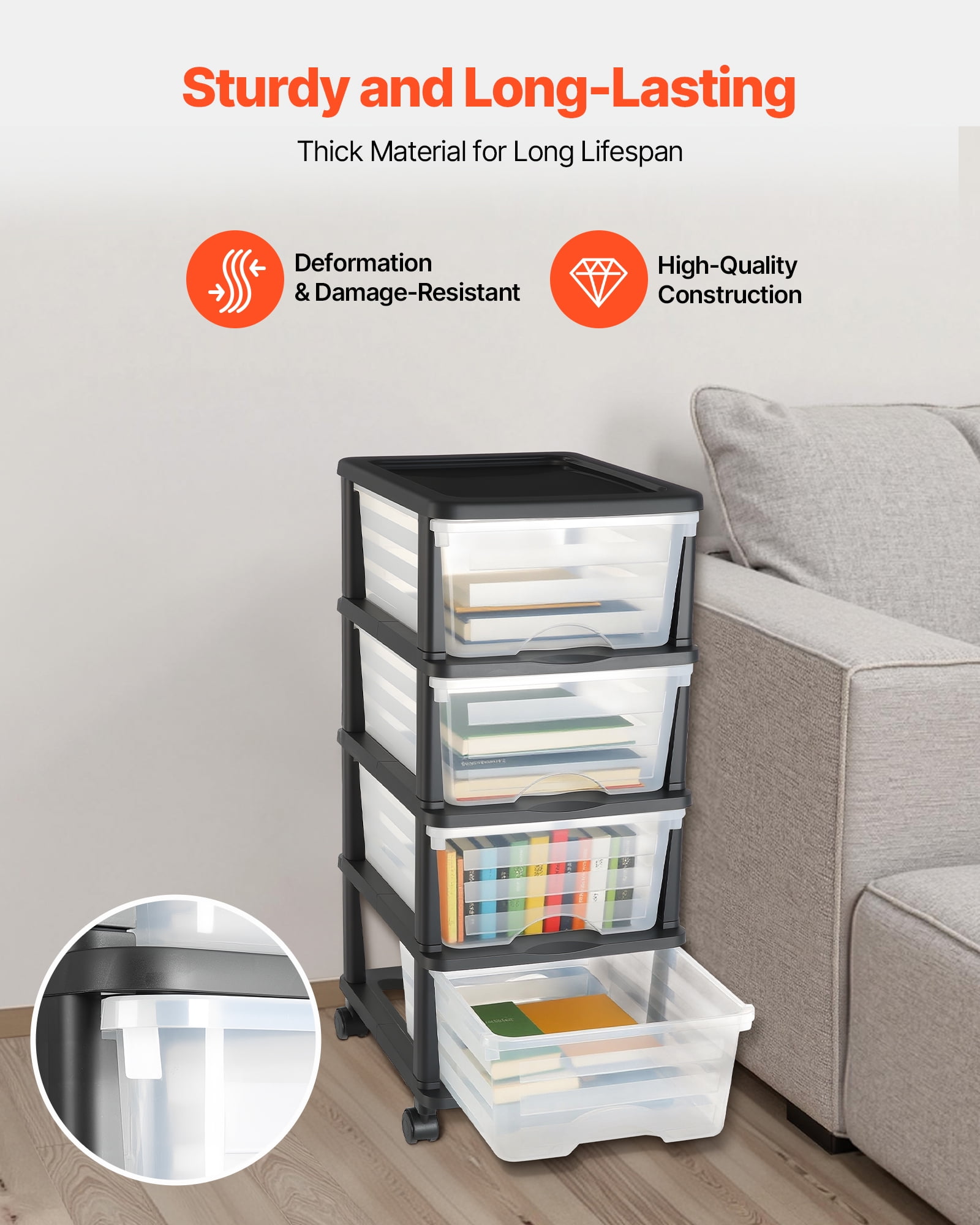 VEVOR Plastic Storage Drawers Cart,4 Drawers Storage Organizer with Wheels, Rolling Closet Organization and Storage Dividers, Dresser Organizer Clear Bins for Office Supplies, Craft Rooms, Classrooms
