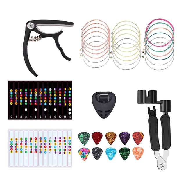 Kit de Cuerdas de Guitarra de 18 Uds., Herramienta de Cambio de Guitarra AcúStica, Cuerdas AcúSticas, PúAs de Guitarra, Capo, Pegatinas de Escala, Soporte de PúAs