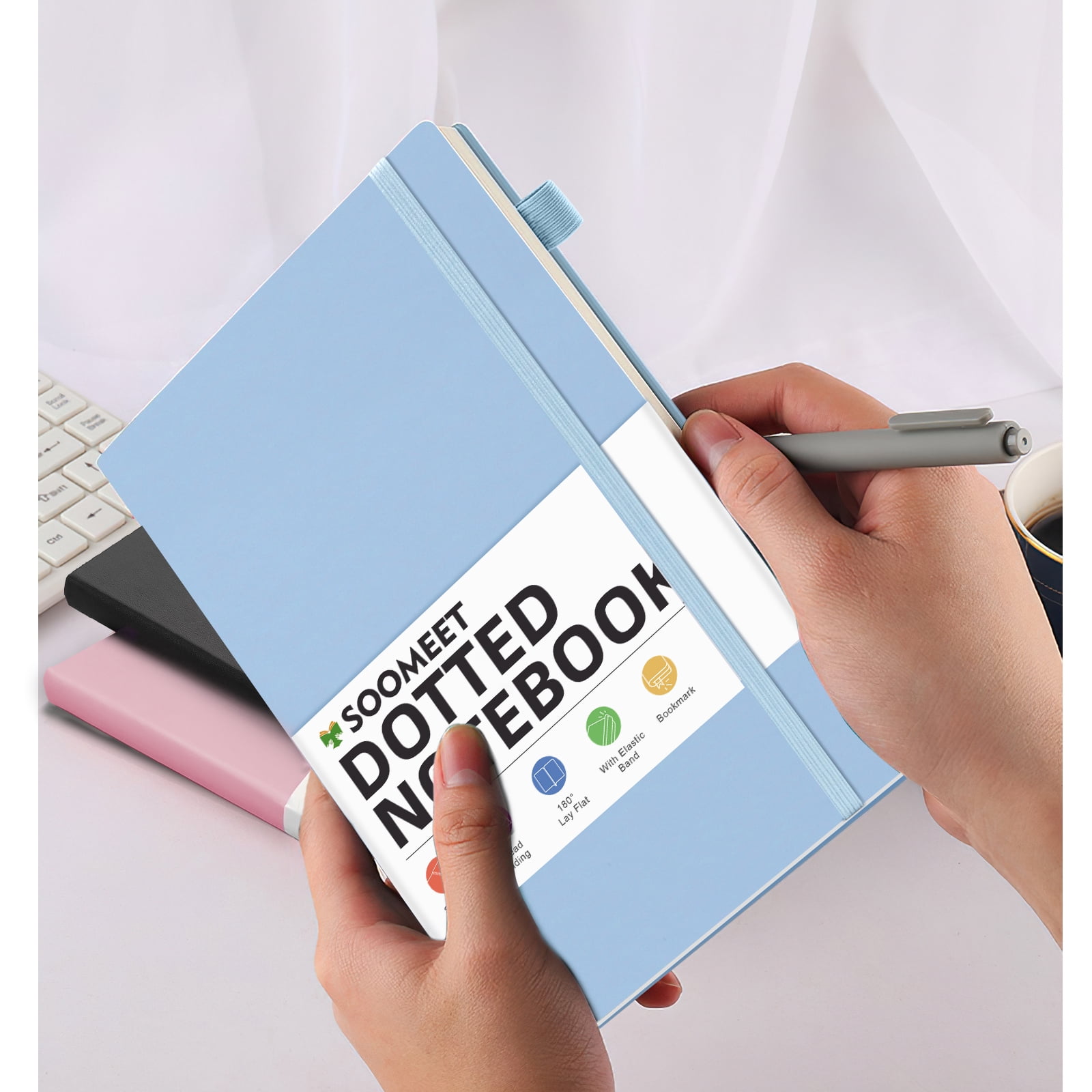 1Pack Small Journal Notebook,Hardcover Journals for Women Men,Dotted,Grid,Pen Loop, Stickers,A6,100 gsm Thick Paper,160 Pages,3.6in x 5.6in