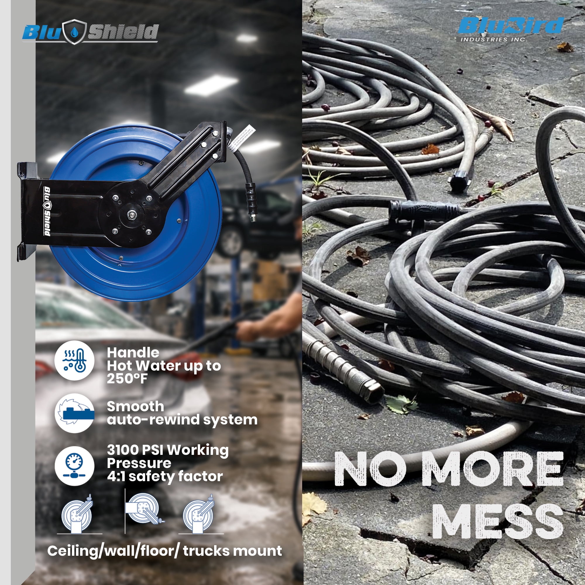 BluShield 1/4" Pressure Washer Dual Arm Hose Reel with 35% Lighter Polyester Braided Hose - Hot and Cold Water, 1 Year Warranty, 3100 PSI, M22 (1/4" x 100')