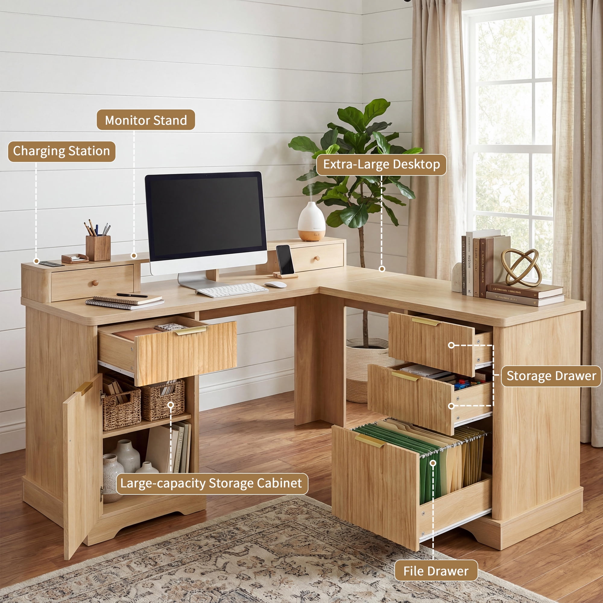 Mintazer 59" Modern Fluted L-Shaped Desk with Charging Station & Storage Drawers, Computer Desk with Monitor Stand & File Drawer for Study Living Room Home Office, Natural