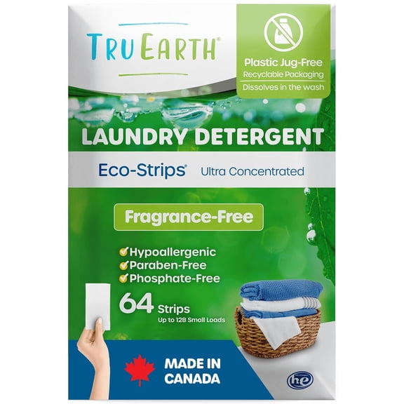 Tru Earth Compact Dry Laundry Detergent - Up to 128 Loads (64 Sheets) - Paraben-Free - Original Eco-Strip Liquidless Detergent, Travel | Packaging May Vary