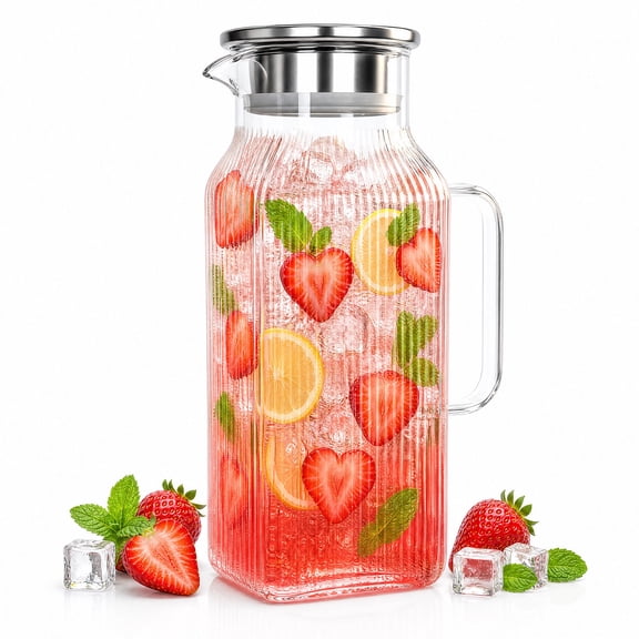 Vaparinckl 2L Glass Pitchers with Lid and Handle, Water Pitchers For Fridge, Square Glass Carafe for Hot/Cold Drink, Iced Tea, Coffee,Juice,Milk,Beverage