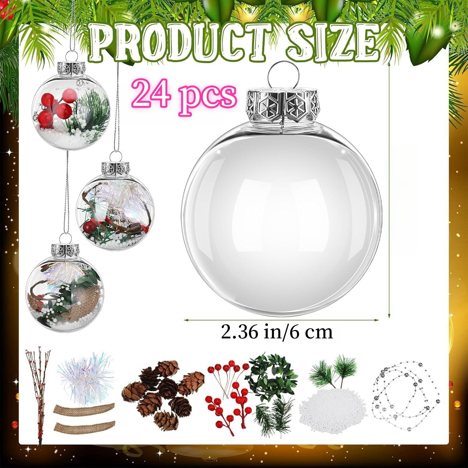 24 Pcs Fillable Christmas Tree Ornament Balls,Acrylic Decorations Balls for Hanging,2.36 in Plastic Transparent DIY Ornament Balls with Rope and Removable Metal Cap for New Years,Wedding Holiday