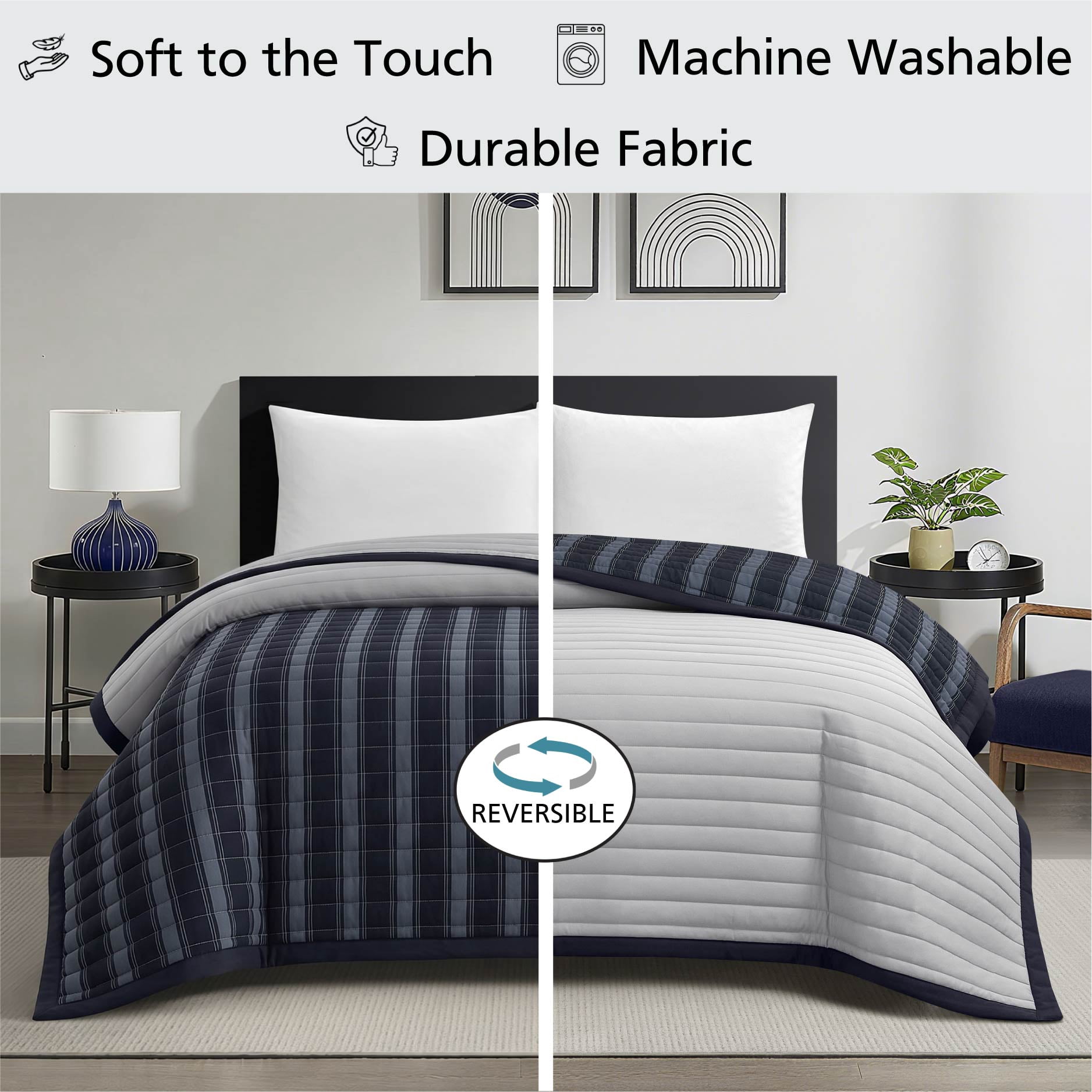 Mainstays Grey Striped Reversible Quilt, Full/Queen, 86" x 90"