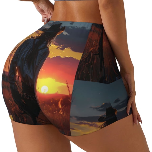 Balery Sunset Western Cowgirl Pantalones cortos de entrenamiento estampados para mujer, sin costuras, ajustados, para gimnasio, yoga, correr, deportes, ejercicio activo, fitness.-Medium