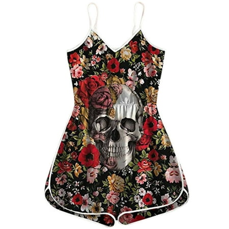 

Womens Summer Loose V Neck Spaghetti Strap Skull Print Short Jumpsuit Rompers