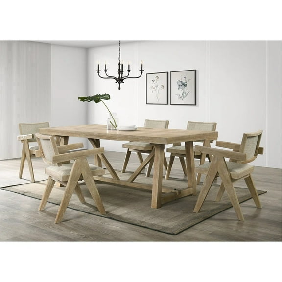 7-Piece Oak Wood Dining Set Large 84" Dining Table with 6 Upholstered Side Chairs, Farmhouse Style Dining Room Furniture