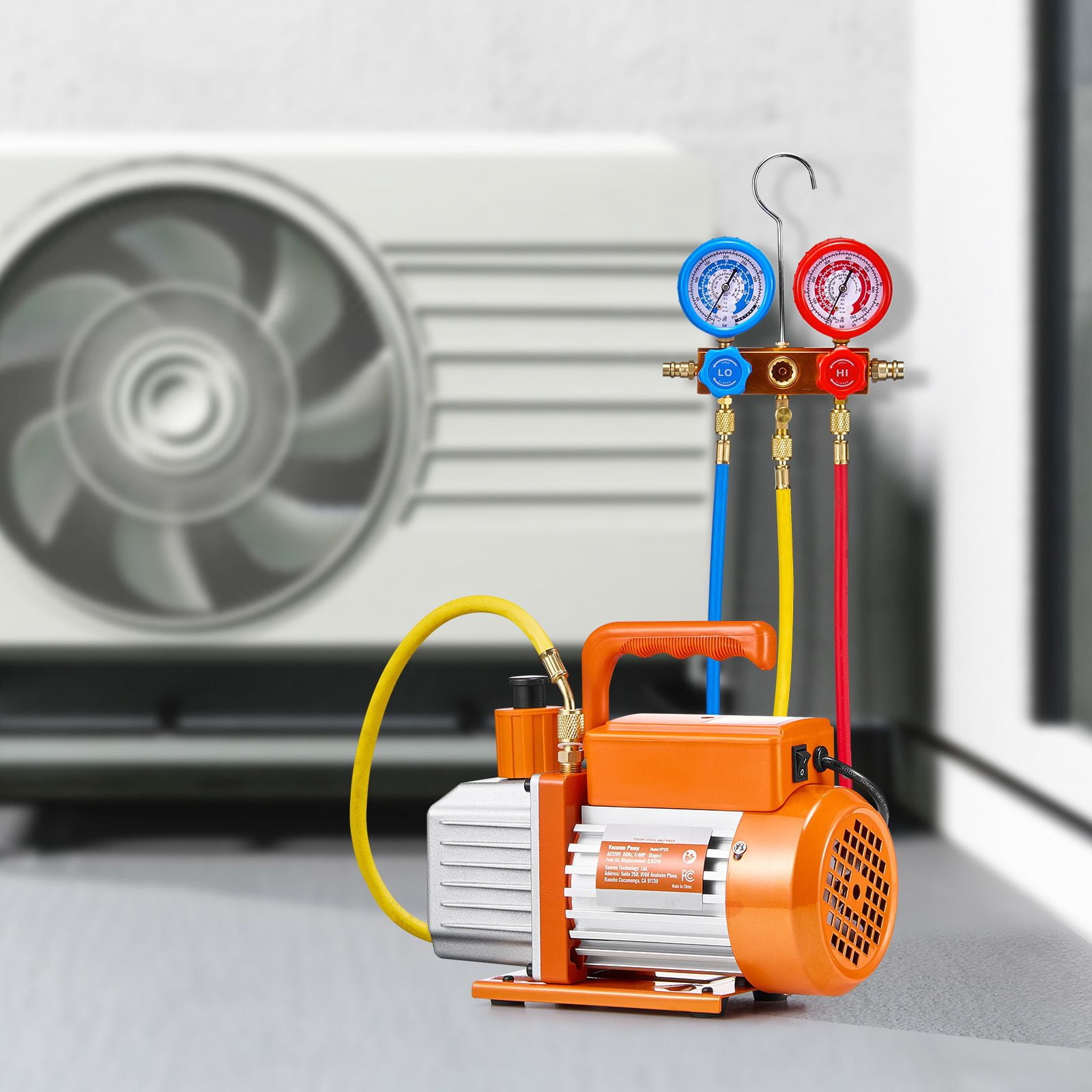 Single Stage Rotary Vane AC Vacuum Pump and Manifold Gauge Set,3.5 CFM HVAC Pump Kit with Hoses for R134a,R410A,R22 Refrigerants