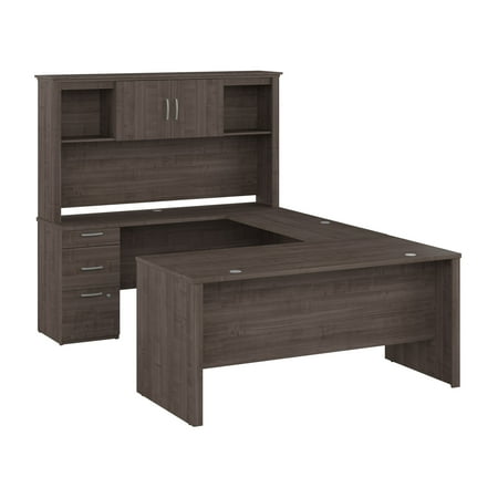 UPC: 0063753068895 | Bestar Logan 65W U Shaped Desk with Hutch in medium gray maple