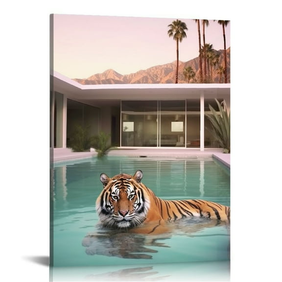 JRXY Animal Tigers and Swimming Pool Poster Wall Art Canvas Painting Travel Posters and Prints Cuadros Animal Wall Pictures for Living Room Ready to Hang 12x16 in