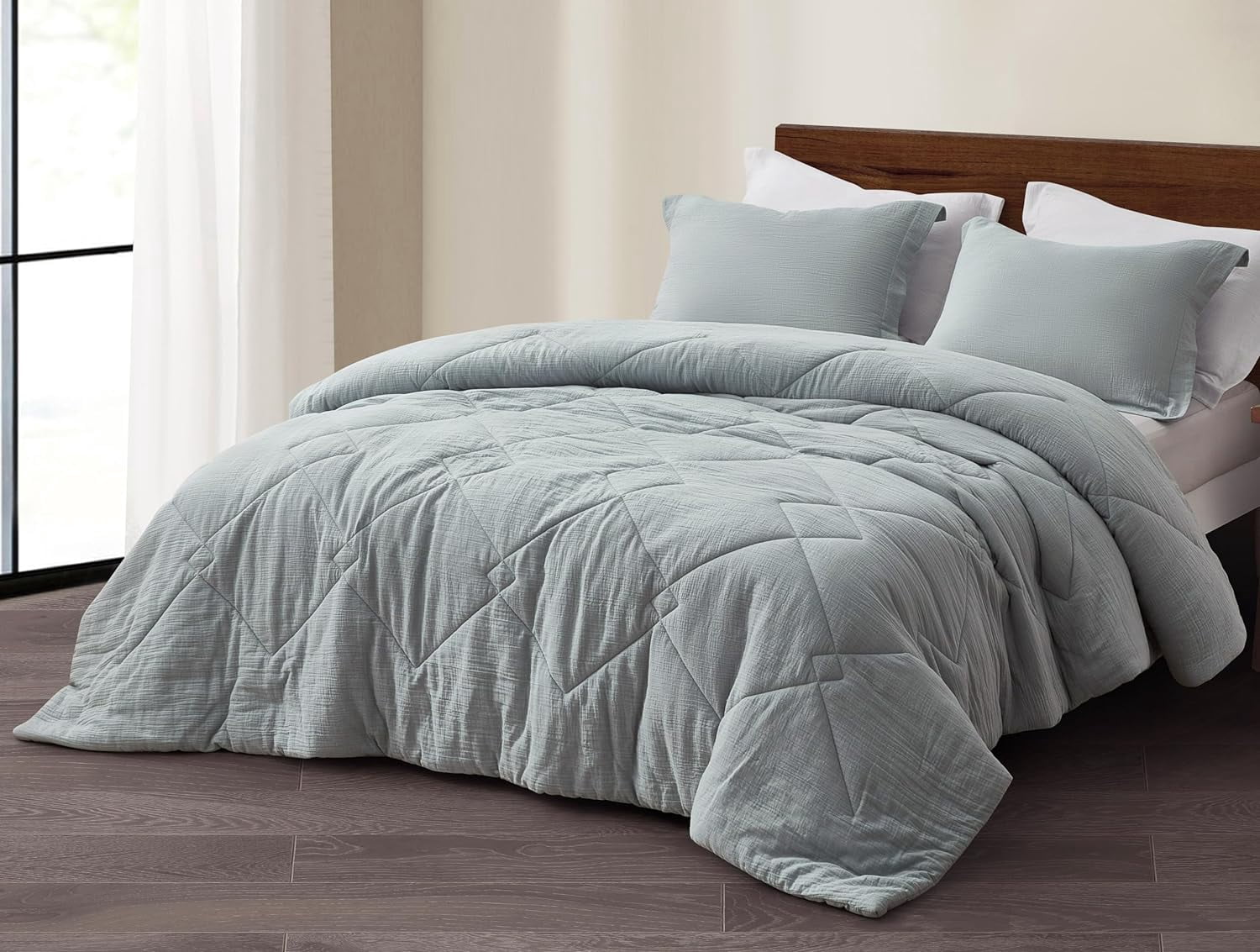 Chezmoi Collection Skye 3-Piece 100% Cotton Muslin Thin Comforter Set King, Light Blue-Gray Reversible Soft Washed Cotton Gauze Breathable Lightweight Summer Blanket