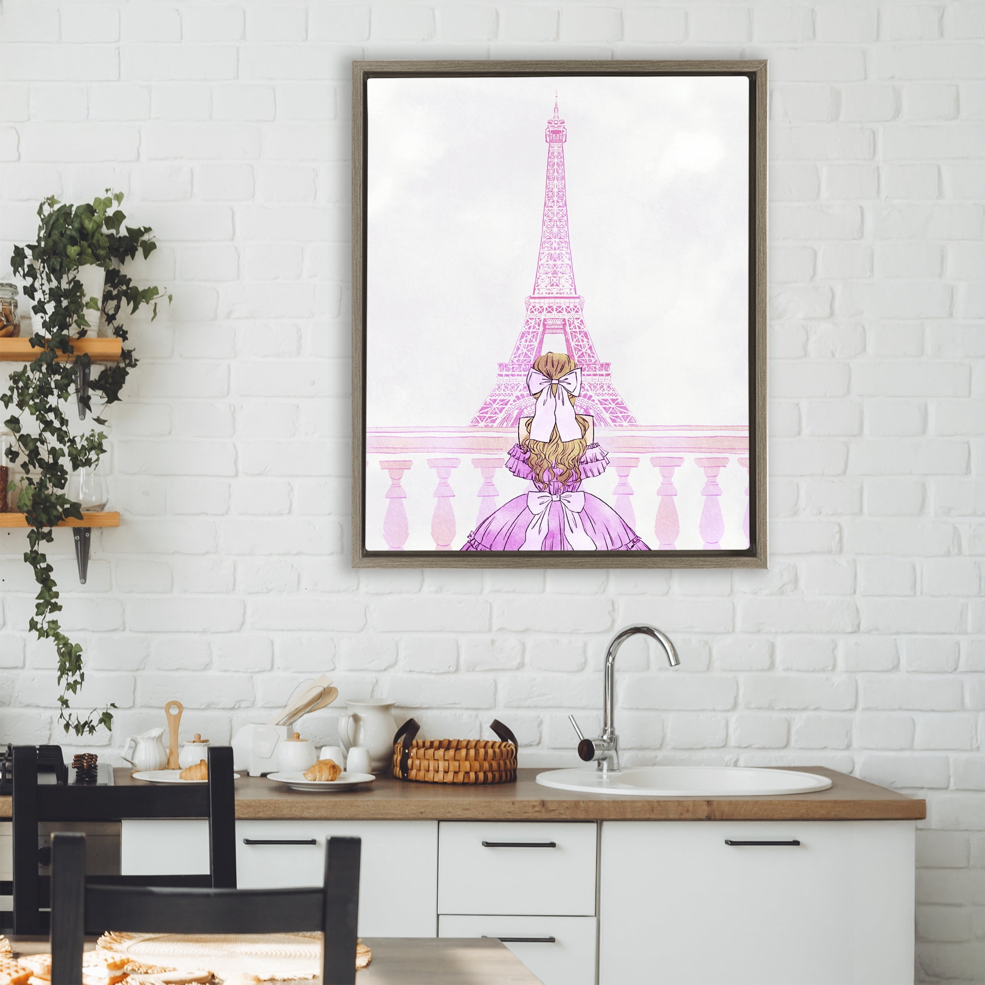 Stupell Industries Pink Gown & Eiffel Tower Brown Framed Floater Canvas Wall Art, design by Ziwei Li