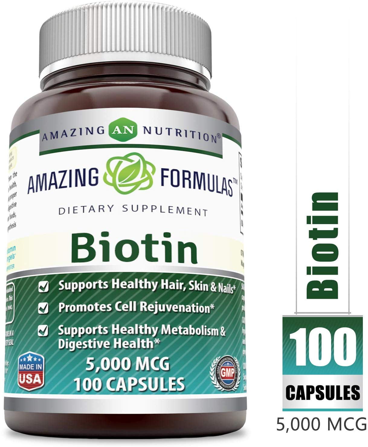 Amazing Formulas Boitin - 5000 MCG, 100 Capsules (Non-GMO,Gluten Free) - Supports Healthy Hair, Skin & Nails - Promotes Cell Rejuvenation - Supports Healthy Metabolism & Digestive Health