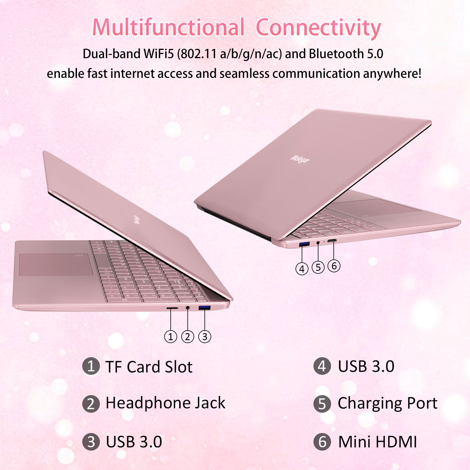 Molegar 15.6" Fhd Business Laptop, Intel Celeron N5100, 8GB RAM, 256GB SSD, Fingerprint Reader, Bluetooth 5.0, Windows 11, Pink