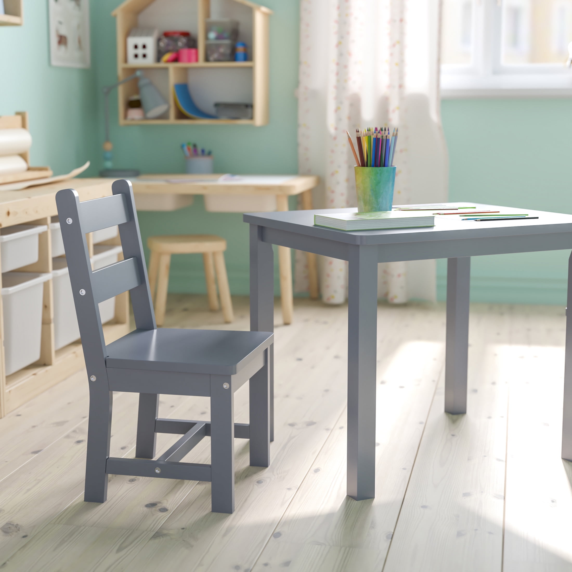 Flash Furniture Kyndl Kids 3 Hardwood Piece Table and Chair Set, Gray