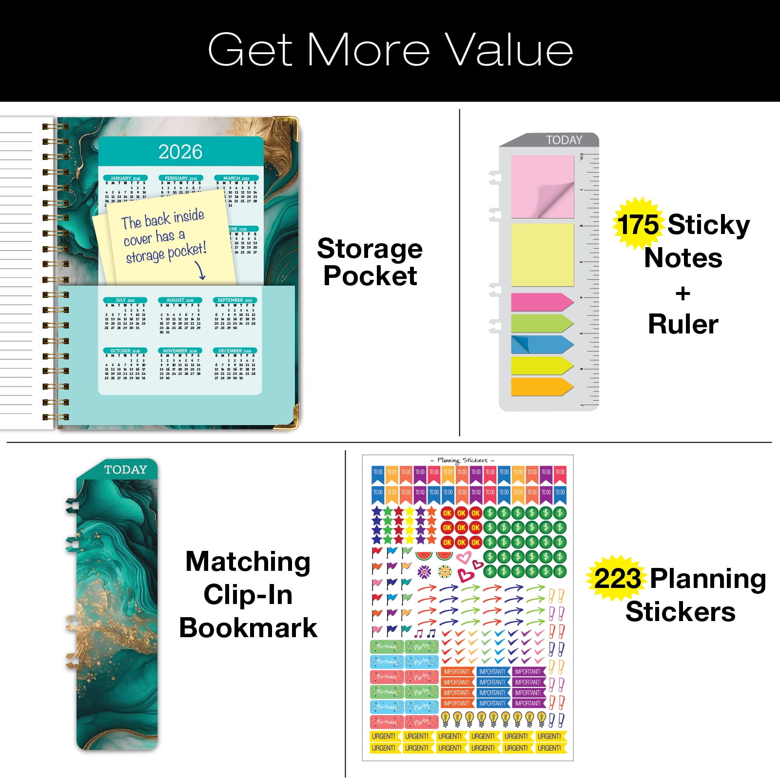 Academic Year 2025-2026 Planner, June 2025 - July 2026, 8.5"x11" Daily Weekly Monthly Planner Yearly Agenda, Hardcover, Bookmark, Pocket Folder and Sticky Note Set (Teal Gold Marble)