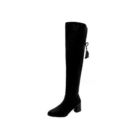 

Harsuny Ladies Outdoor Warm High Heel Boot Comfort Plush Lining Tall Booties Work Slip Resistant Round Toe Over The Knee Boots Black 7