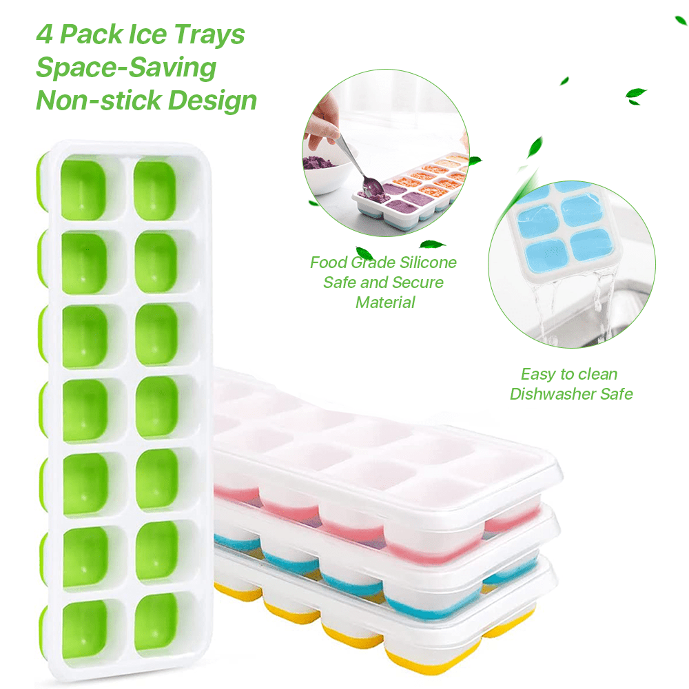 Swtroom Ice Cube Trays 4 Pack (128 Ice Cubes), Stackable Silicone Bottom Ice Trays Ice Cube Molds Container Set with Airtight Lid, White