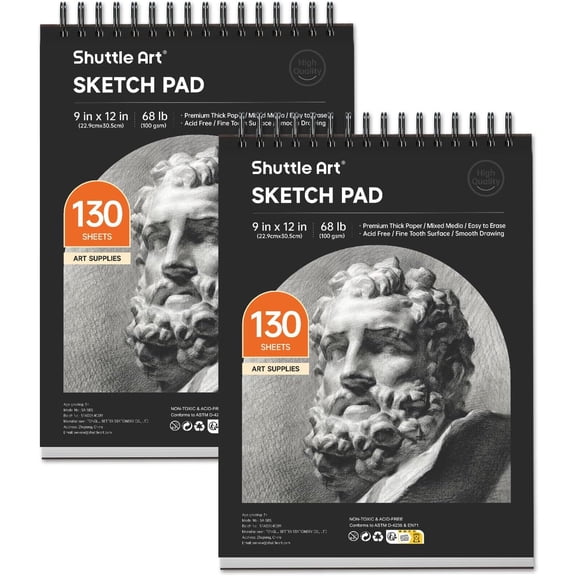 Shuttle Art 9”x12” Sketch Pad, 260 Sheets (68lb/100gsm) Drawing Pad, Pack of 2, 130 Sheets Each, Spiral Bound Sketch Book, Durable Acid-Free Drawing Paper, Great Sketch Pad