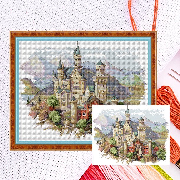Kit Punto Cruz Castillo Contado Hilo Algodón Ecológico Bordado Parcial 14CT 50x38cm