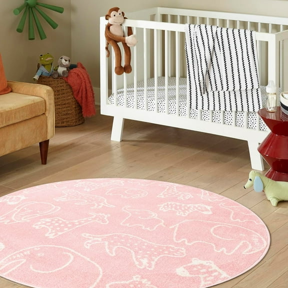 Unique Loom Whimsy Kids Collection Area Rug - Safari Animals (5' 3" Round Pink/Ivory) Perfect For Kids Bed Room/Nursery Room/Living Room/Class Room/Play Room