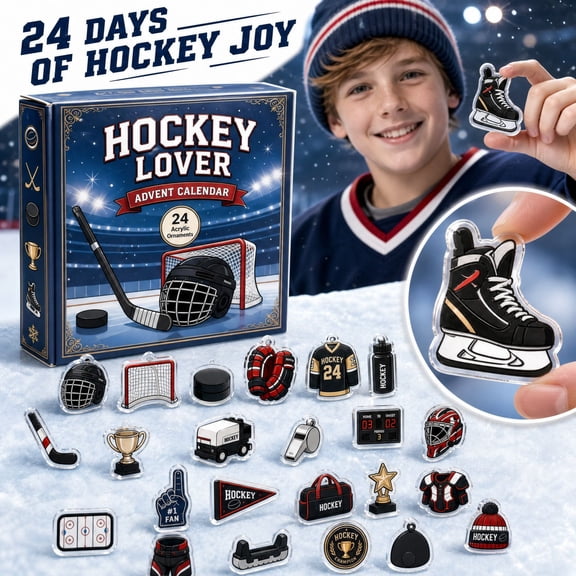 Hockey Advent Calendar with 24 Unique 2D Acrylic Charms, Durable Sports Themed Party Decorations for Holiday Countdown, Festive Christmas Gifts Set with 24 Pieces
