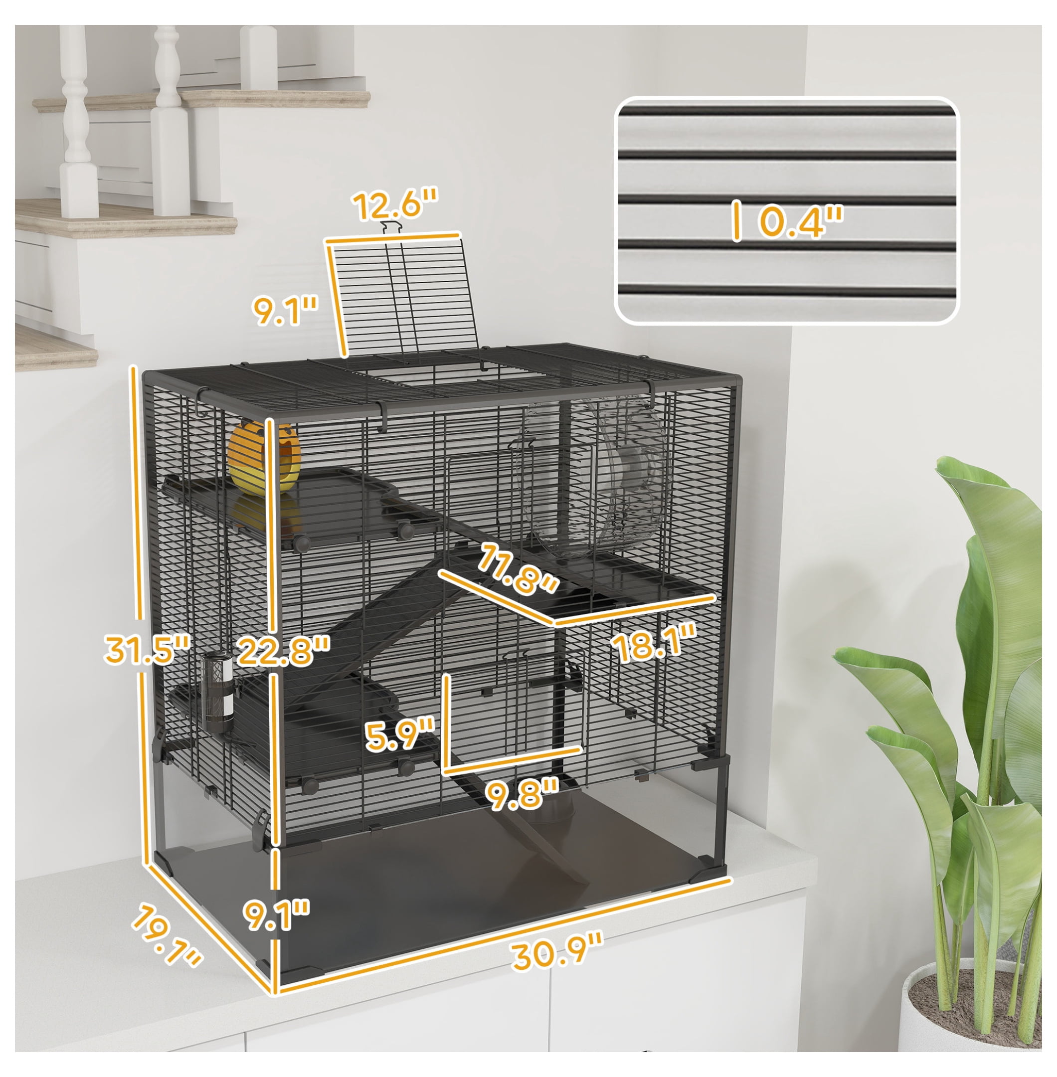 Hamster Cage 4 Tier with Tempered Glass Bottom, Running Wheel & Hut - Mice & Rats Habitat 31"x19"x31.5", Syrian & Dwarf Hamster Cage