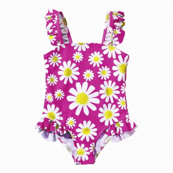 kpoplk Toddler Girls Floral Printing Swim Dress Baby Ruffle One Piece Swimsuit(Hot Pink,18-24 M)