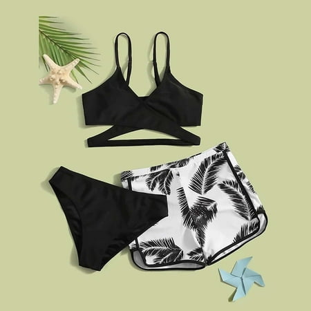 YTCAMLO Women s 3 Piece Bikini Sets Sexy Swimsuit High Waisted Bathing Suits Push Up Bikini with Cover Up Boyshorts